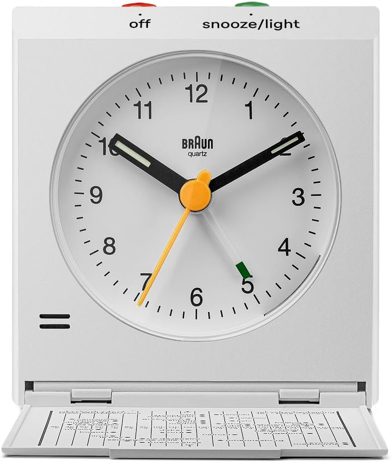 Braun Classic Analogue Travel Alarm Clock with Snooze and Light with Folding Map Lid, White, BC05W