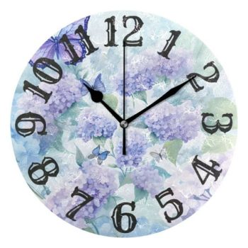 Butterfly Flowers Hydrangea 10 inch Wall Clocks Non Ticking Easy to Read Battery Decorative for Home Bathroom Kitchen Bedroom Living Room