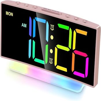 Cadmos Modern Curved Cute Digital Alarm Clock,Colorful Led Display,Adjustable Volume,Weekday/Weekend Mode,Simple Clock for Bedrooms Bedside,Ok to Wake Up for Girls,Kids,Teens (Pink+Dynamic)