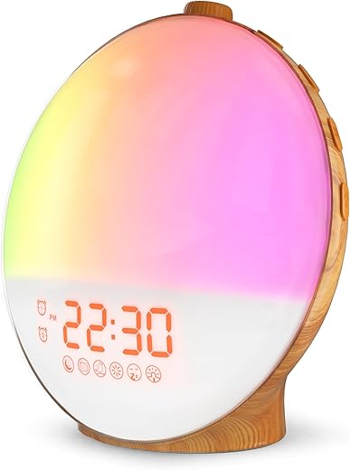 Dekala Sunrise Alarm Clock for Bedrooms, Wood Grain Wake Up Light with Sunrise Simulation, Dual Alarms & Natural Sounds, Snooze & Sleep Aid, FM Radio, Ambient Night Light, Dimmable Display