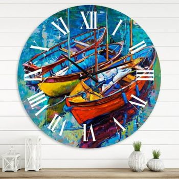 Designart 'Three Boats In The Harbor' Nautical & Coastal Wall Clock