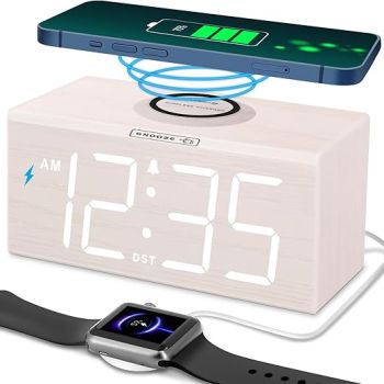 DreamSky Wooden Digital Alarm Clock with Wireless Charging for Bedroom, Bedside Nightstand Clock with Charger Station, USB Port, Large Numbers, Adjustable Volume, Brightness Dimmer, DST