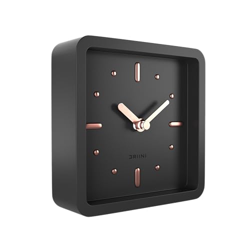 Driini Modern Mid Century Desk & Shelf Clock (Black Rose Gold) - Battery Operated with Silent, Analog Movement – Small Tabletop Clocks for Office – Perfect for Mantle, End Table, Desktop or Nightstand