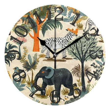 Elephant Trees Zebra Monkey Birds 10 inch Wall Clocks Non Ticking Easy to Read Battery Decorative for Home Bathroom Kitchen Bedroom Living Room