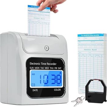 Employee Time Clocks for Small Business, Auto-Align Time Clock Punch Machine with 50-Piece Time Cards, Two Security Keys, and One Ink Ribbon Cartridge