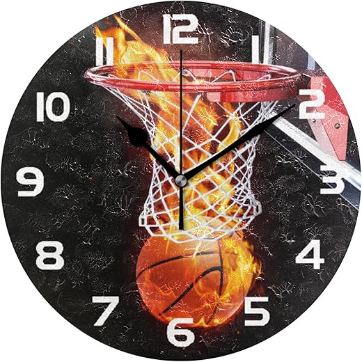 Flaming Basketball Wall Clock Silent Non-Ticking,Sport Theme 9.5 Inch Round Wall Clock Battery Operated Clock Decor for Boys Room Home Wall Bathroom Kitchen Bedroom Living Room Office Classroom Patio