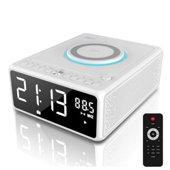 G Keni CD Player Alarm Clock Radio with Remote for Home, 10W Fast Wireless Charging, Bluetooth Boombox, FM Radio, MP3/USB Music Player, Snooze/Sleep Functions, Auto Time Setting Clock