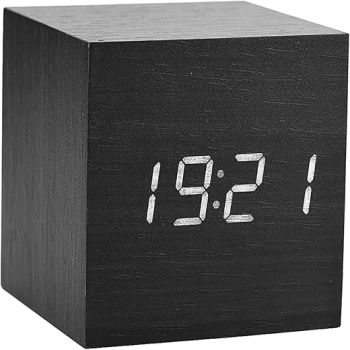 Hakeeta Wooden Cube Alarm Clock with Voice Control Function, Digital Clock Displays Time&Temperature for Kids, Bedrooms, Home, Dormitory etc (Black)