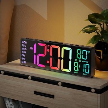 JALL 10.5'' Digital Large Alarm Clock with 8-in-1 RGB Colors, Date, Month, Temperature LED Display, Auto DST, Modern Decor Design for Desk, Wall, Living Room, Bedroom, Gift, Yougster and Elderly