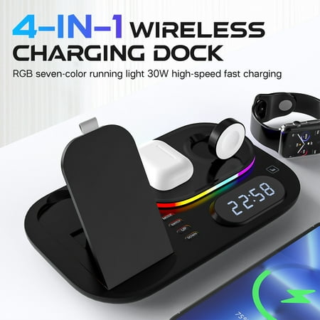 Kkewar Wireless Charging Station,4 in 1 Wireless Charging Dock with Digital Clock and Night Light Fast Charging Stand Compatible with Apple Phone Earphone Watch