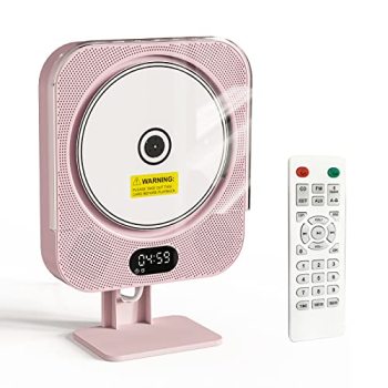 Kpop Pink CD Player Desktop/Wall,Wired Vertical Cute CD Players for Home, Bluetooth Speakers/FM Radio with IR Remote Control,CD Music Timer Alarm Clock with LED Display,Support CD/USB/TF/AUX/Copy