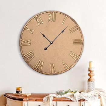 Large Vintage Silent Wall Clock, Rustic Burlap Metal, Battery Operated, 24 inch