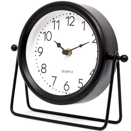 MACVAD Vintage Black Table Clock on Stand, Decorative Desk and Shelf Clock，Decorative Battery Operated Table Top Clock for Living Room，Silent Non-Ticking