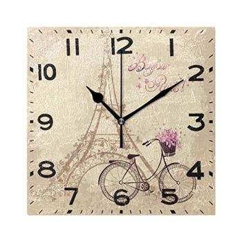 Naanle Chic Romantic Eiffel Tower and Bicycle Bonjour Paris Square Wall Clock Decorative, 8 Inch Battery Operated Quartz Analog Quiet Desk Clock for Home,Office,School