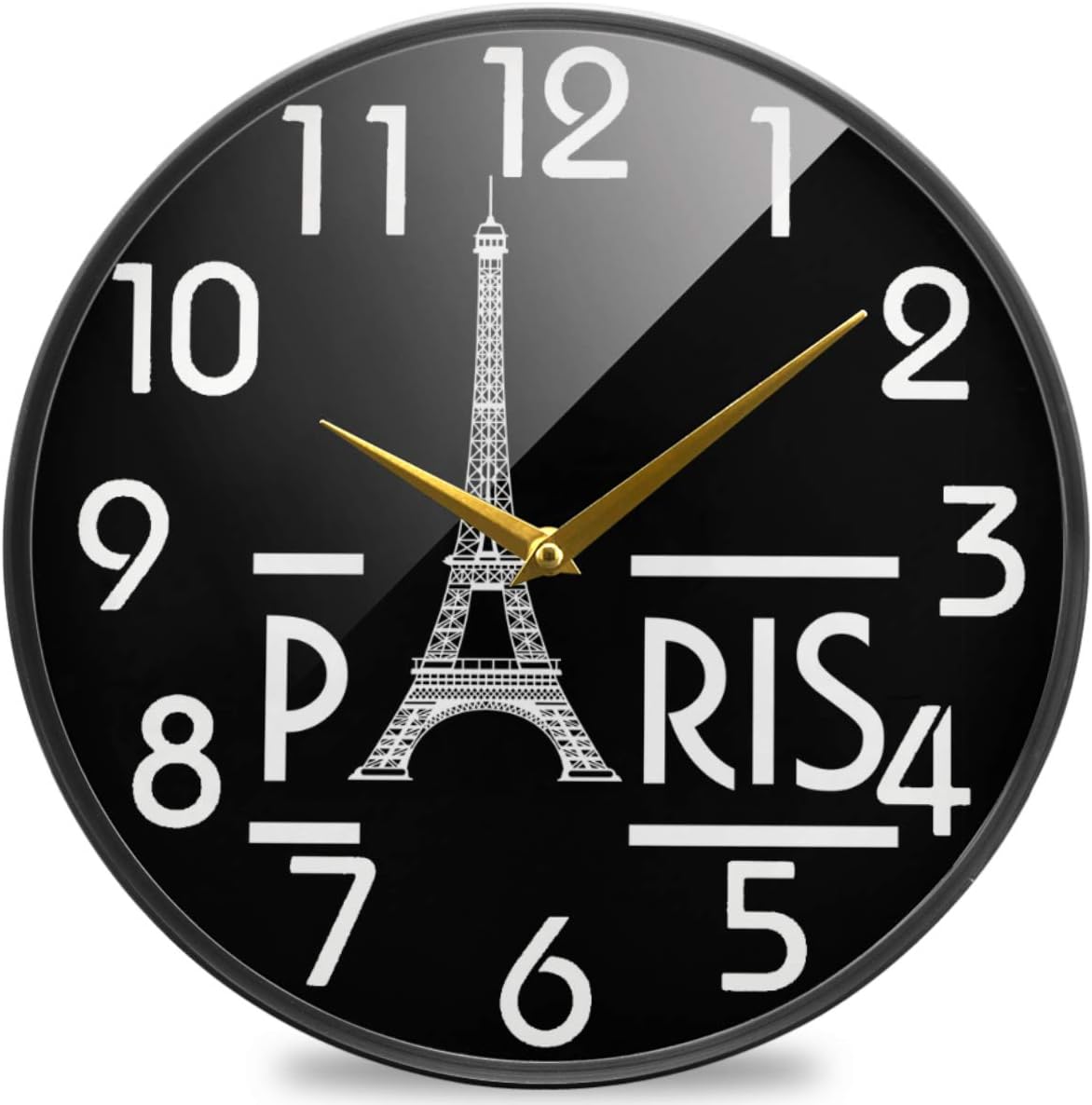 Naanle Chic Romantic Paris with Eiffel Tower Round Wall Clock, 12 Inch Silent Battery Operated Quartz Analog Quiet Desk Clock for Home,Office,School(Black White)