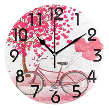 Naanle Chic Valentine's Day Romantic Heart Trees Bicycle Round Wall Clock, 9.5 Inch Battery Operated Quartz Analog Quiet Desk Clock for Home,Kitchen,Office,School