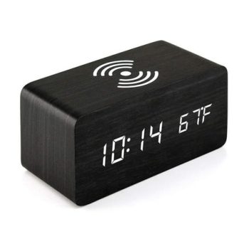 POWKOL Wooden Digital Alarm Clock with Wireless Charging, 3 Alarm Settings and 3 Speed Dimming LED Time Display, USB Charging Port or 4 AAA Batteries, for Bedroom, Bedside, Desk and Office(Black)