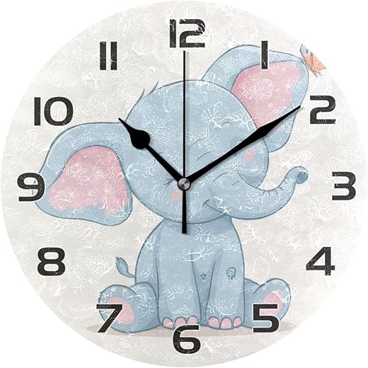 Qilmy Cute Elephant Clock Silent Round Wall Clock Non Ticking Battery Device Clocks Creative Decoration Wall Clock for Living Room Bedroom Office Kitchen