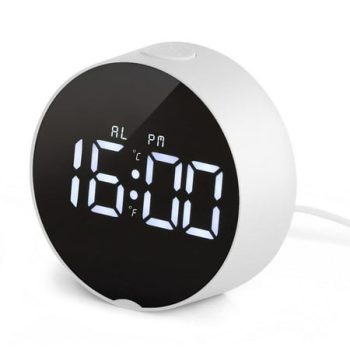 Small Digital Alarm Clock, LED Desk Travel Electronic Clock with 2 Brightness Levels, Multifunctional Round LED Mirror Clock with Snooze, Temperature, 12/24 Hour Format