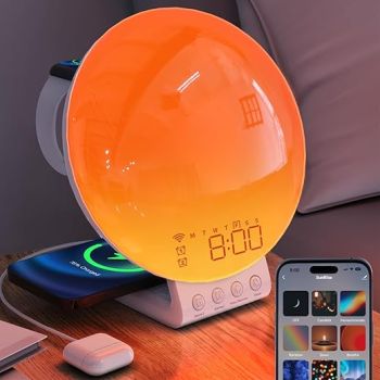 Smart Sunrise Alarm Clock - 3 in 1 Wireless Charging Station, Compatible with iPhone/Apple Watch/Airpods, Sunset Lamp White Noise Sound Machine, APP Control Wake up Light,Gift for Girls Kids