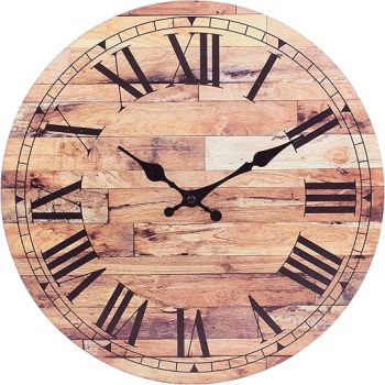 Stonebriar Old Fashioned 14 Inch Round Wood Hanging Wall Clock, Battery Operated, Rustic Wall Decor for the Living Room, Kitchen, Bedroom, and Patio