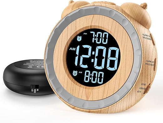 uscce Dual Extra Loud Alarm Clock with Bed Shaker - 0-100% Dimmer, Vibrating Alarm Clock for Heavy Sleepers or Hearing Impaired, Easy to Set, Snooze, Battery Backup, Wake with a Shake(Wood Grain)