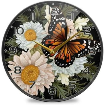 Vivid Flower Butterfly Wall Clock Round Silent Non Ticking Battery Operated Accurate Arabic Numerals Design Clocks for Home Kitchen Living Room Bedroom 9.5inch Home Decor