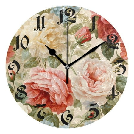 Wall Clock 10 Inch Silent Non-Ticking Flowers Battery Operated Rustic Retro for Living Room Home Kitchen Bathroom