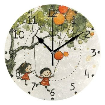 Watercolor Illustration for Children Round Wall Clock Silent Battery Operated Home Decor for Living Room Bedroom