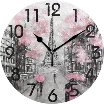 Wellsay Beautiful Romantic Paris Eiffel Tower Painting Print 9.5 Inch Battery Operated Quartz Analog Quiet Wall Clock for Home,Office,School