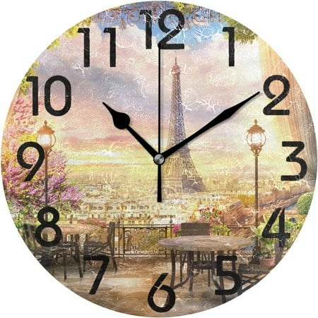 Wellsay Trendy Beautiful View from Balcony Cafe on The Paris Eiffel Tower Round Wall Clock Decorative, 9.5 Inch Battery Operated Quartz Analog Quiet Desk Clock for Home,Office,School