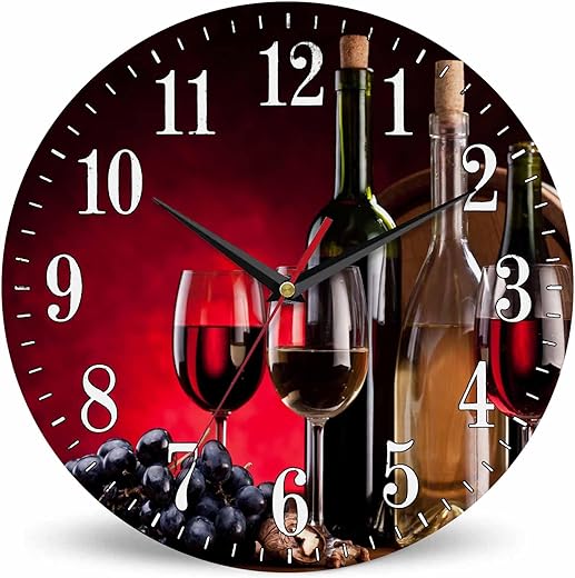 Wine Still Life Wall Clock Wine Bottles Glasses Oak Barrels Grapes Red 10 Inch Silent Non Ticking Battery Operated Clock Vintage Round Clock for Living Room Bedroom Bathroom Office Decor