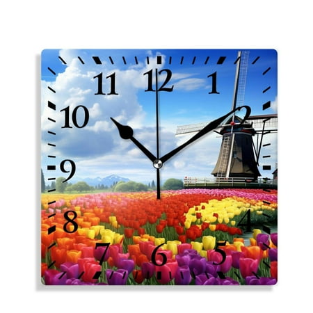 XNSJVGB Silent Non Ticking 10 inch square Wall Clocks,Traditional Dutch Tulips Style,Decorative Clocks for Living Room Kitchen Bedroom