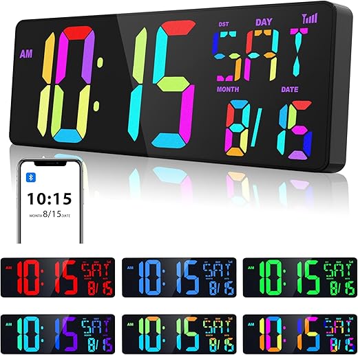 XREXS Large Digital Wall Clock Bluetooth Sync, 17.2 RGB Color Changing Digital Clock with Remote Control, Adjustable Brightness Grandfather Clock, Temperature Clock for Home, Gym and Classroom