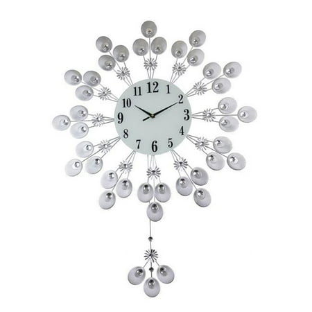 37 x 27 in. Round Wall Clock, Silver Peacock Feather Style with Pendulum