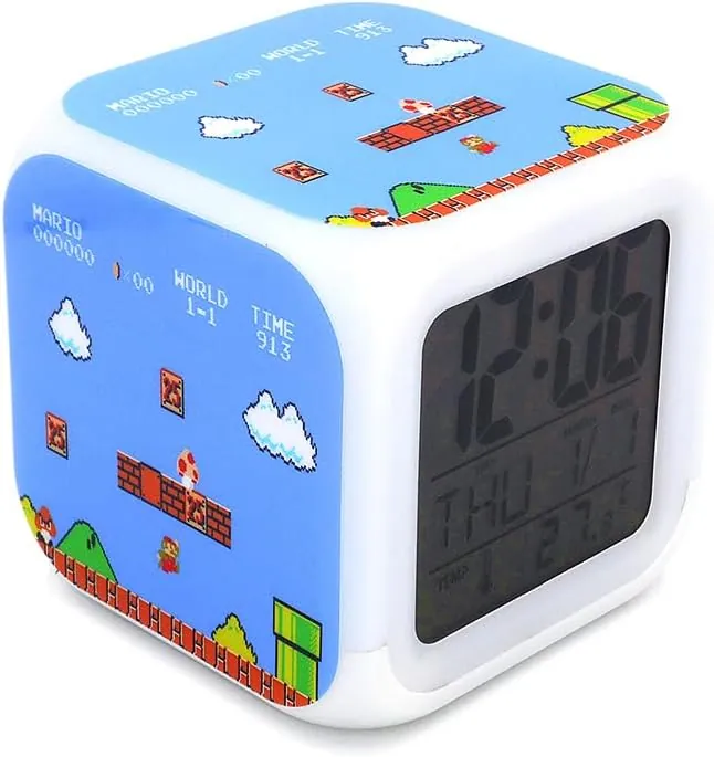 3＂Desk & Shelf Clock Mario Game Scene Blue Digital Alarm Clock with Led Lights Plastic Table Clock for Kids Teenagers Adults Home/Office Decor