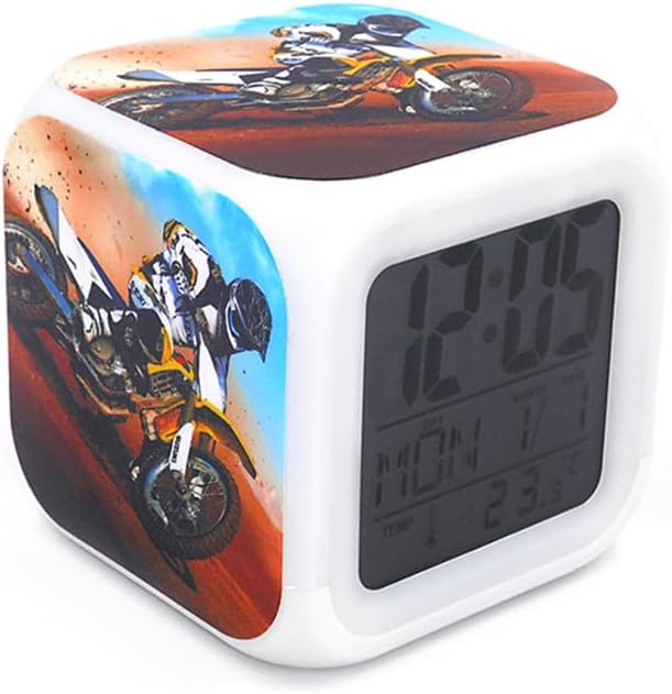 3＂Desk & Shelf Clock Mountain Motorcycles Dirt Bike Blue Digital Alarm Clock with Led Lights Plastic Table Clock for Kids Teenagers Adults Home/Office Decor