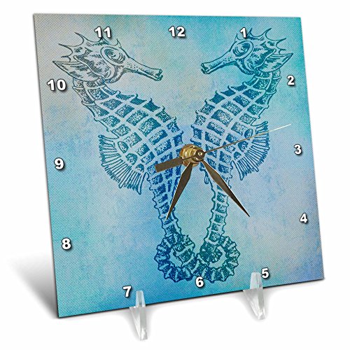 3dRose dc_79382_1 Aqua Seahorses- Beach Theme Vintage Art-Desk Clock, 6 by 6-Inch