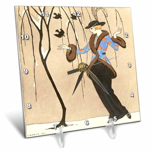 3dRose dc_98589_1 Lady with Tree N Birds in Art Deco Design.Jpg-Desk Clock, 6 by 6-Inch