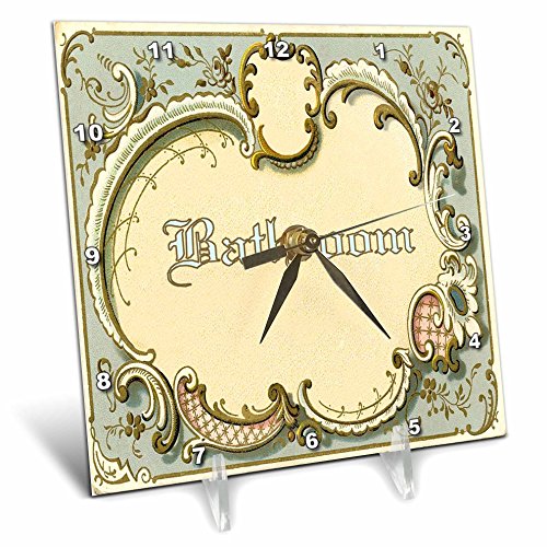 3D Rose Image of Gold and Aqua Victorian Style Bathroom Sign Desk Clock, 6 x 6