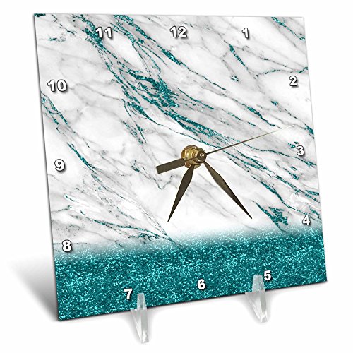 3dRose Luxury Grey Aqua Teal Gem Stone Marble Glitter Metallic Faux Print Desk Clock, 6x6