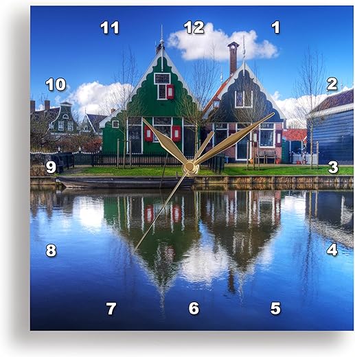 3dRose Wall Clock Silent - 13 inch - Netherlands, Zaandam, Traditional Buildings line The Canal. - Cities