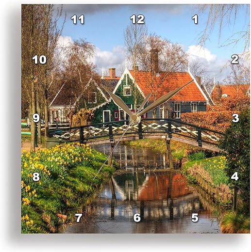 3dRose Wall Clock Silent - 15 inch - Netherlands, Zaandam, Quaint Town with Bridge Over The Creek. - Bridges