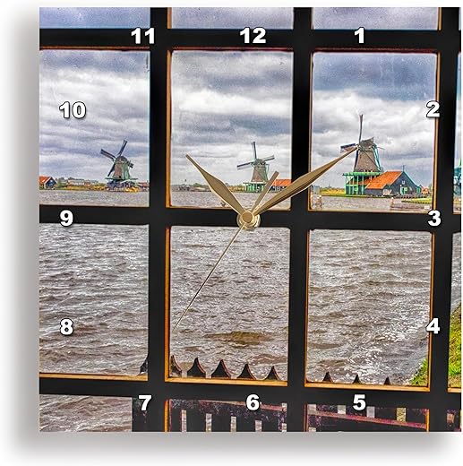 3dRose Wall Clock Silent - 15 inch - Netherlands, Zaandam, Zaanse Schans Windmills on a Cloudy Day - Windmills