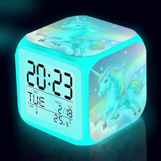 3inch Unicorn Kids Alarm Clock with 7 Colorful Light, Battery-Operated Desktop Mini Alarm Clock for Girl Bedroom Decor Study Travel Gift