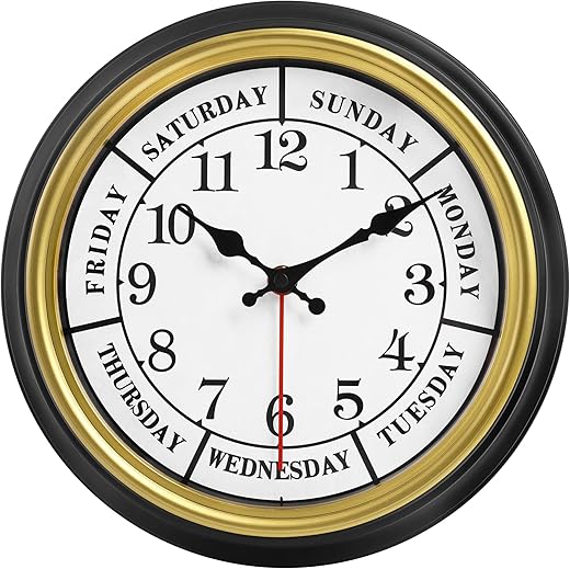 45MinST 12 Inches Retro Wall Clock,Day of The Week Wall Clock,Calendar Day Clock,Silent Non Ticking Battery Operated Movement(Gold)