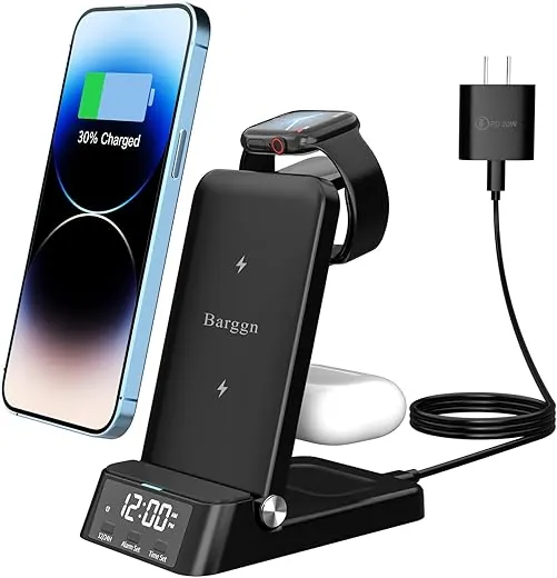 4 in 1 Fast Wireless Charging Station for Apple Devices,Wireless Charger with Alarm Clock for iPhone 15/14/13/12/11series iWatch and Airpods,LED High-Clear Screen(with 20W Adapter (Black)