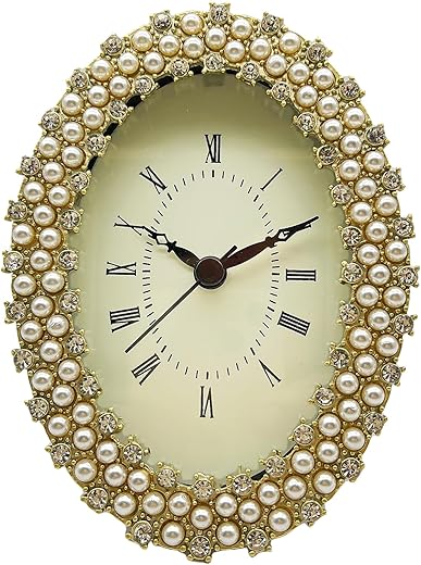 5×4'' Home Small Table Clock with Faux Pearls and Crystal Inlay Design,Operated for Living Room Decor Desk Shelf （Gold）