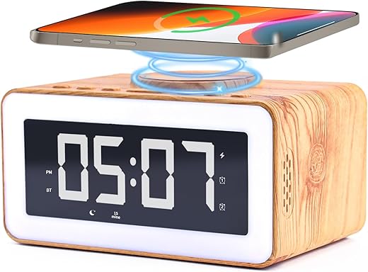 5 in 1 Alarm Clock for Bedroom, Wireless Charging Station for iPhone/Samsung, Bluetooth Speaker, and Sleep Machine with 20 Soothing Sounds, Night Light, Desk Clock with Large Numbers