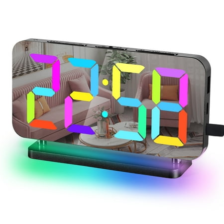 7”Digital Alarm Clock for Home Bedroom, RGB 10 Colors Night Light&11 Colors Digits Time LED Display Number, Electric Alarm Clocks Mirror Surface w/Diming Mode,Snooze,12/24H,Buzzer Volume,Dual USB Port